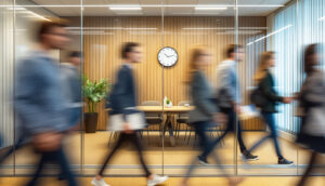 Blurry photo of people at an office